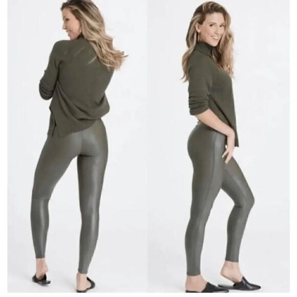 SPANX Rich Olive Green Faux Leather Liquid Leggings Size Small - Picture 1 of 8
